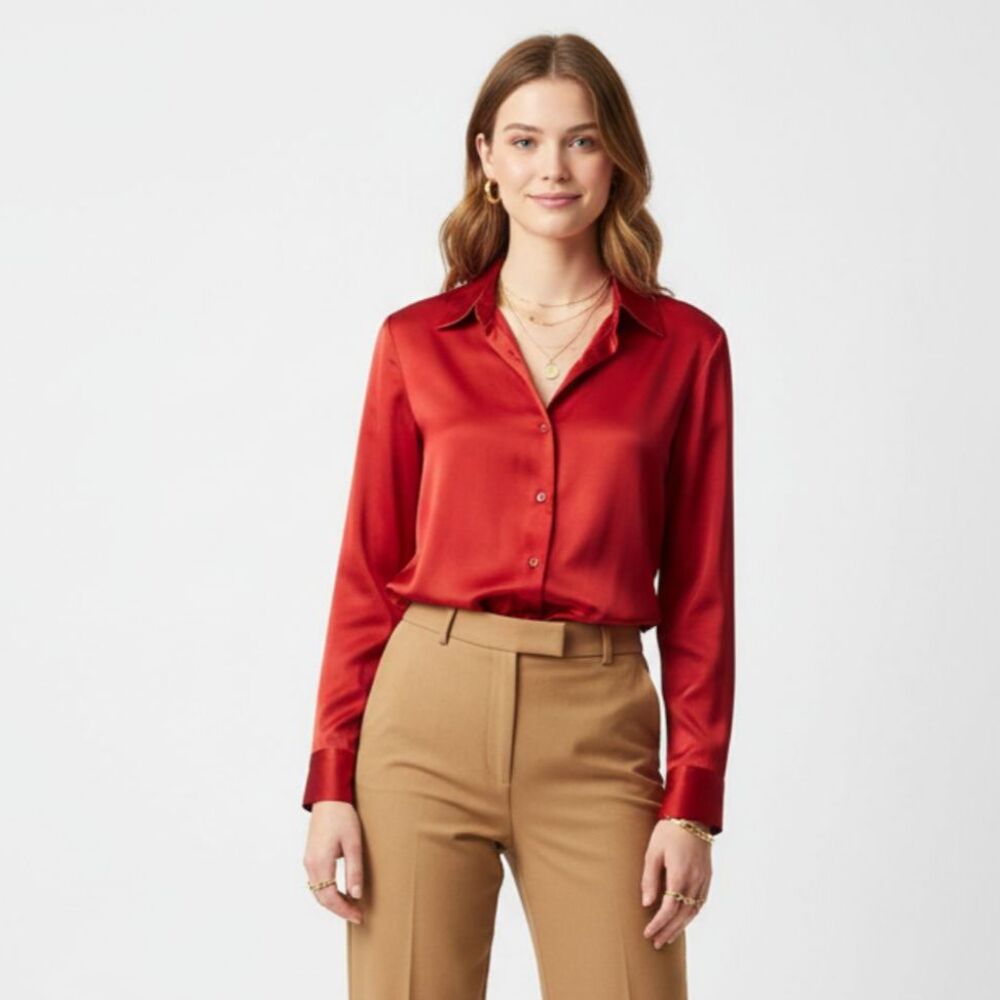 Halston 100% Silk Red Long Sleeve Button Up Blouse‎ Top 10 NEW